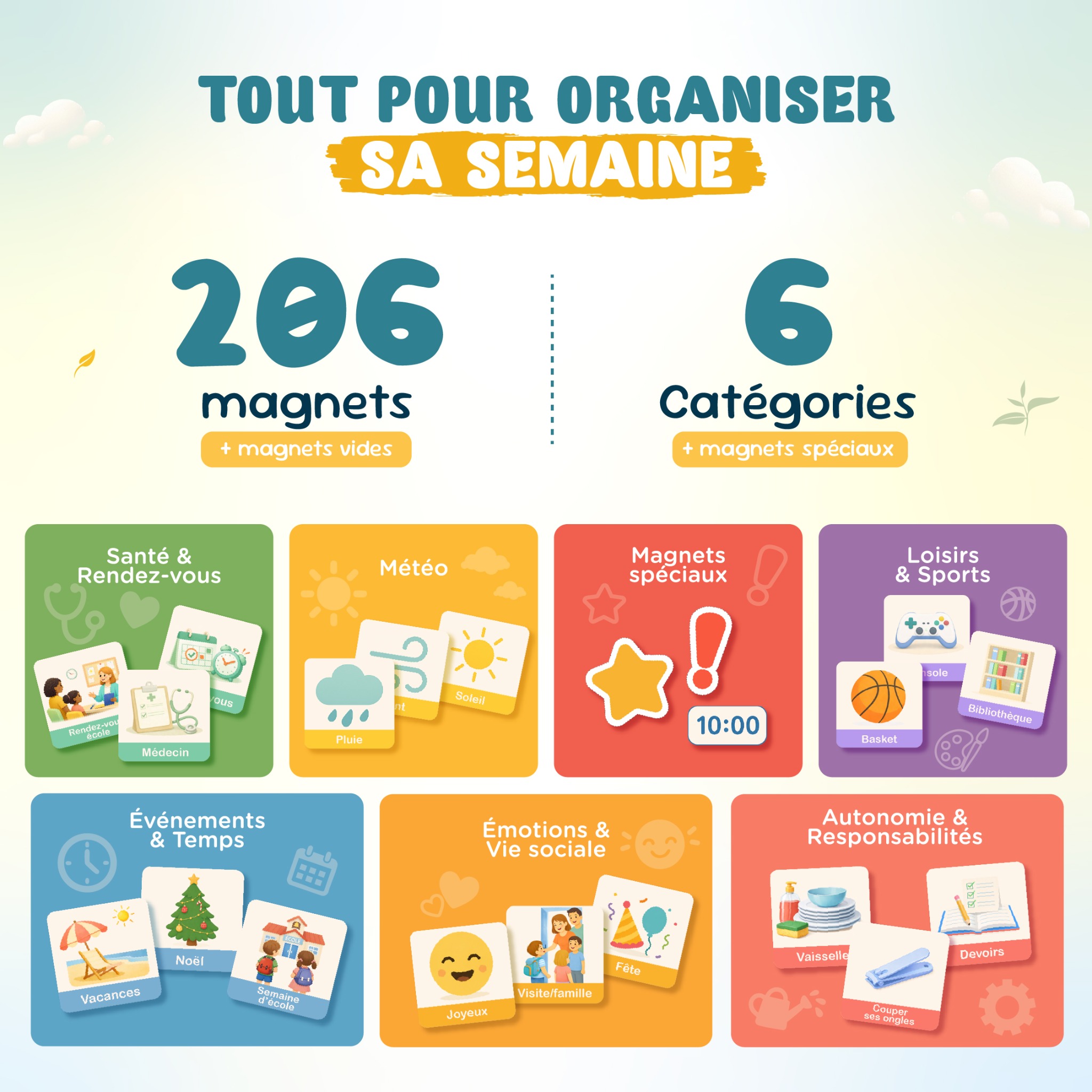 Semainier Timyko — 206 magnets et 6 catégories